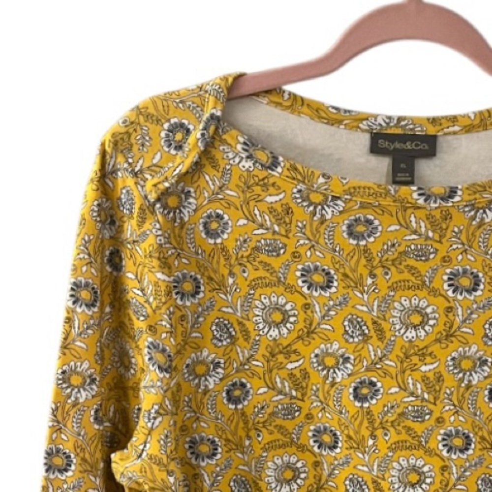 Style & Co. Yellow Floral 3/4 Sleeve Boatneck Top - Picture 3 of 6